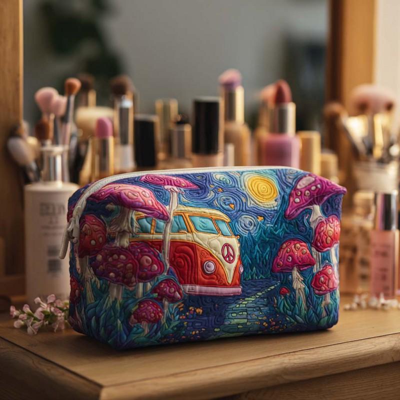 Dragonfly Print Quilted Cosmetic Bag Multi-functional Travel Organizer U-shape Zip Pouch