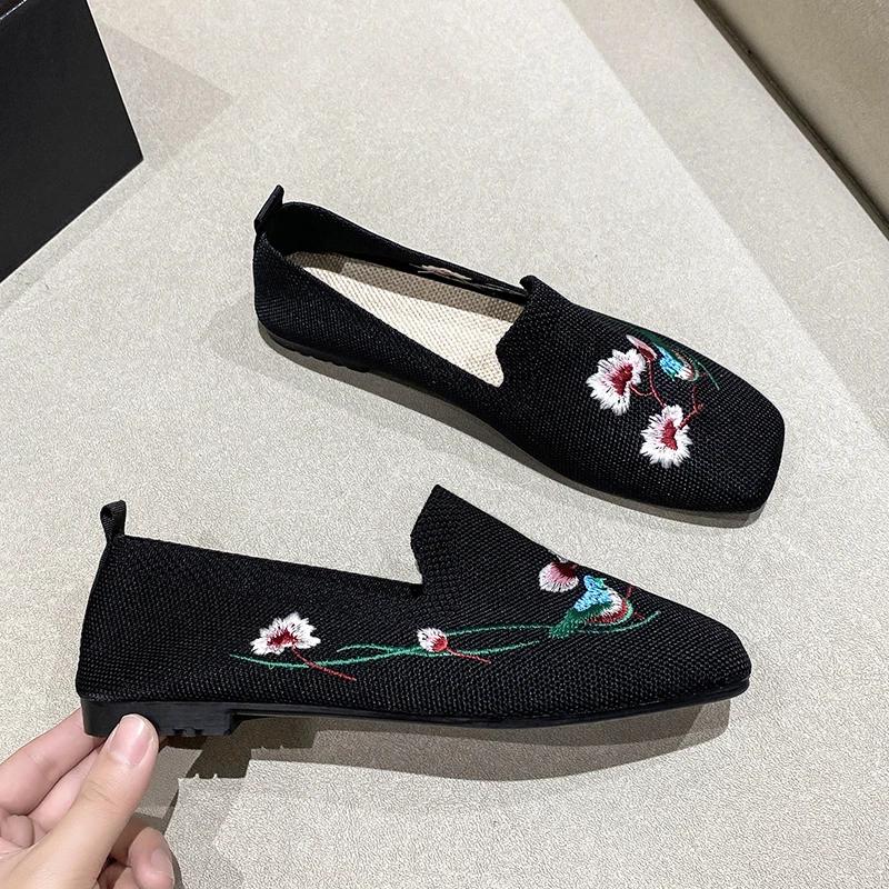 Ladies Shoes 2024 New One Kick Women's Flats Autumn Square Toe Breathable Mesh Solft Sole Light Casual Comfortable Flats Shoes