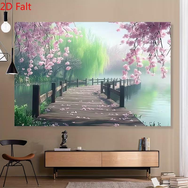 2D Cherry Blossom Wooden Bridge Backdrop Misty Lake Spring Nature Photography Background 47.2x31.5inch/120*80cm