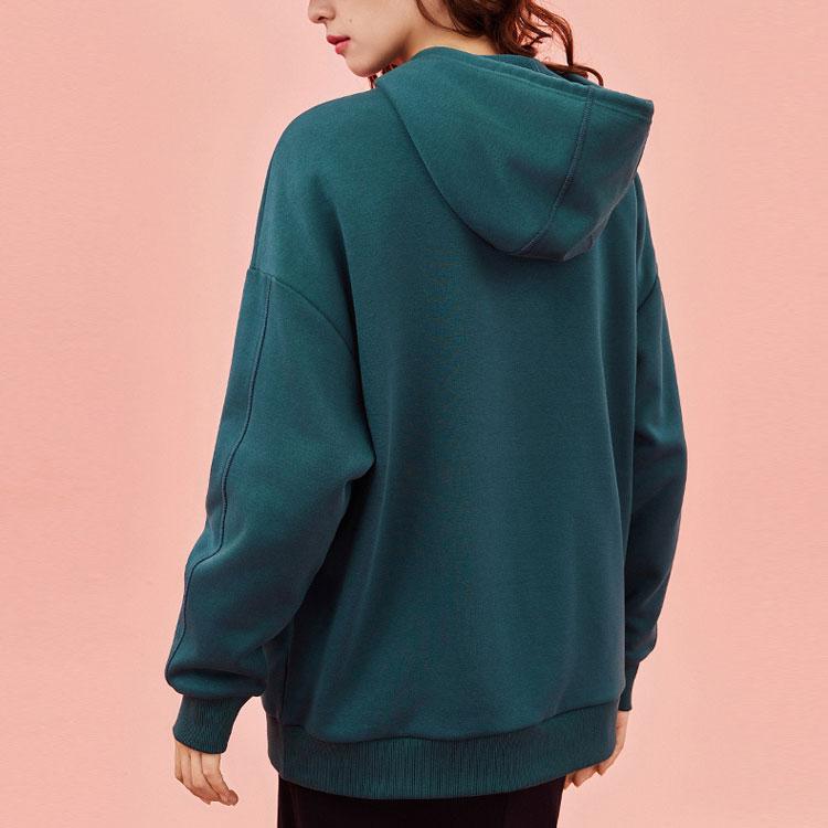 Anta Lifestyle Series Solid Color Hooded Pullover Loose Fleece Sweatshirt Women Sweatshirt Gulf-Green 962348716-4