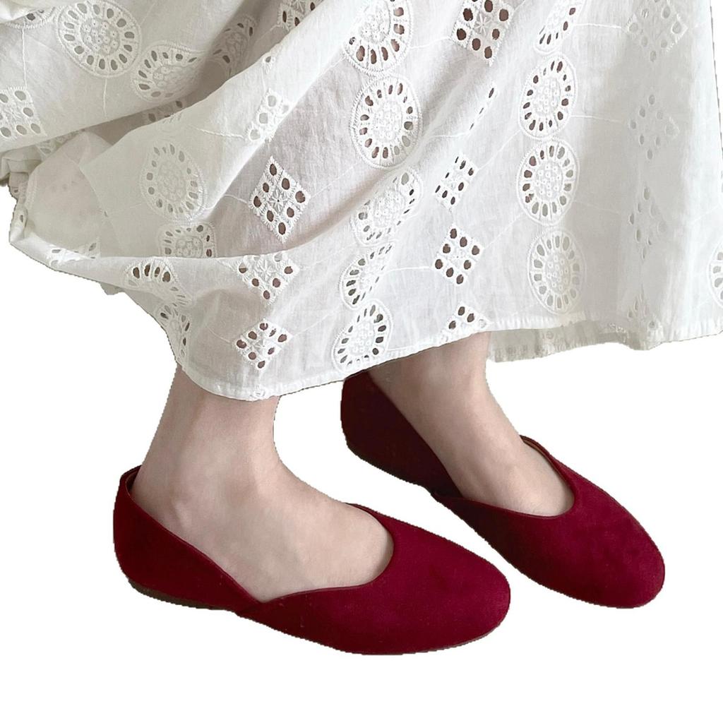 Flat Bottom Suede Round Head Shallow Mouth Casual Single Shoes Women's Spring and Summer Comfortable Soft Low Commuting One Pedal Mary Jane Doudou S
