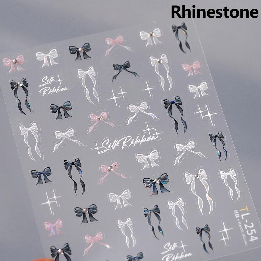 Shiny Polarized White Ribbon Bowknot Stars Tassel 3D Self Adhesive Nail Art Stickers Lovely Bow 5D Embossed Manicure Decals