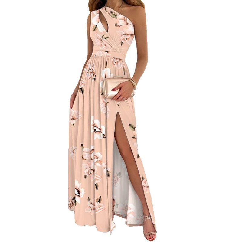Printed Slant Neck Sleeveless Dress Print Diagonal Collar Sleeveless Split Dress Female