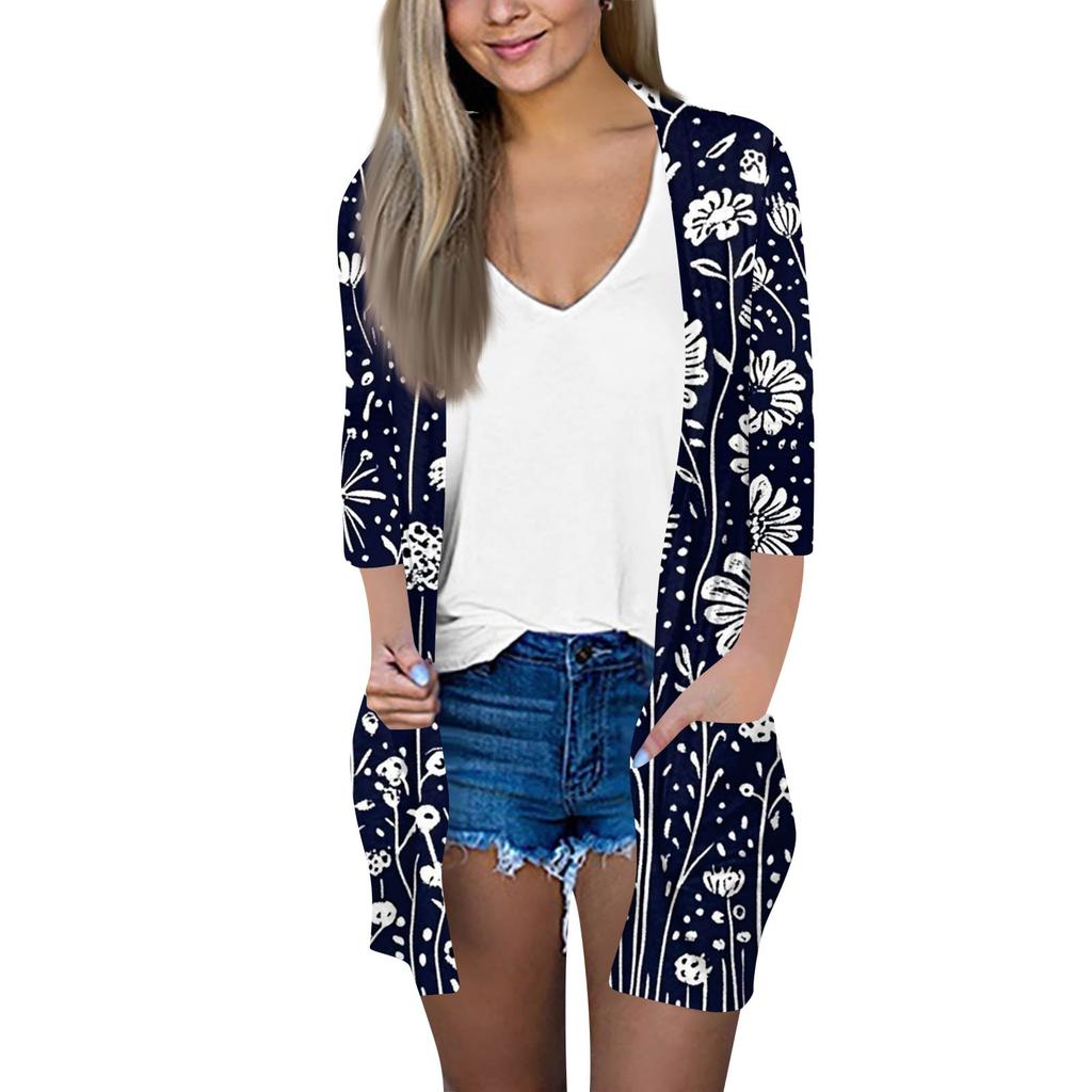 Women's Fashion Loose Casual Pocket Printed Cardigan Seven Sleeve Jacket Top