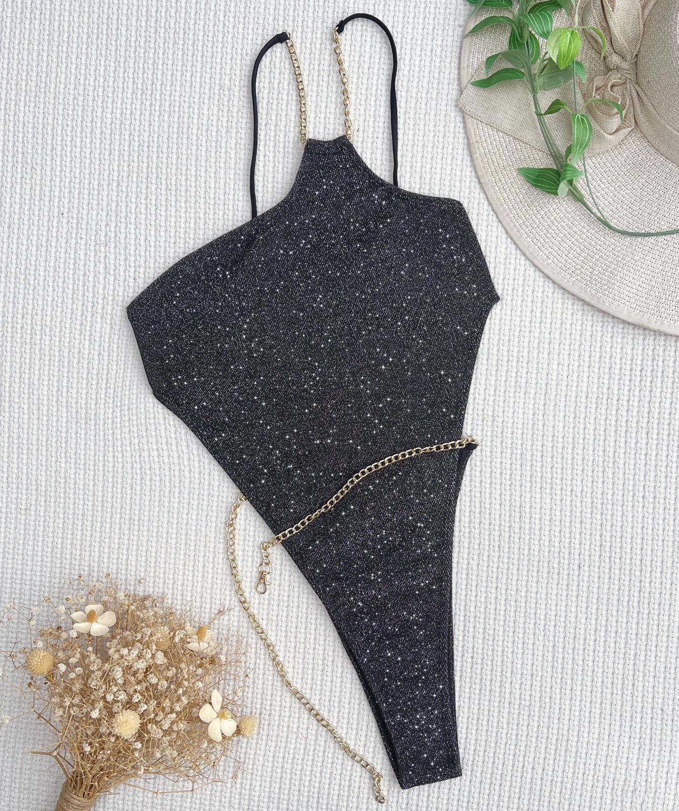 

Женский купальник, черный блестящий цепочка на одно плечо, сексуальный цельный купальник с завязкой на спине, бикини, пляжная одежда, купальные костюмы L чёрный