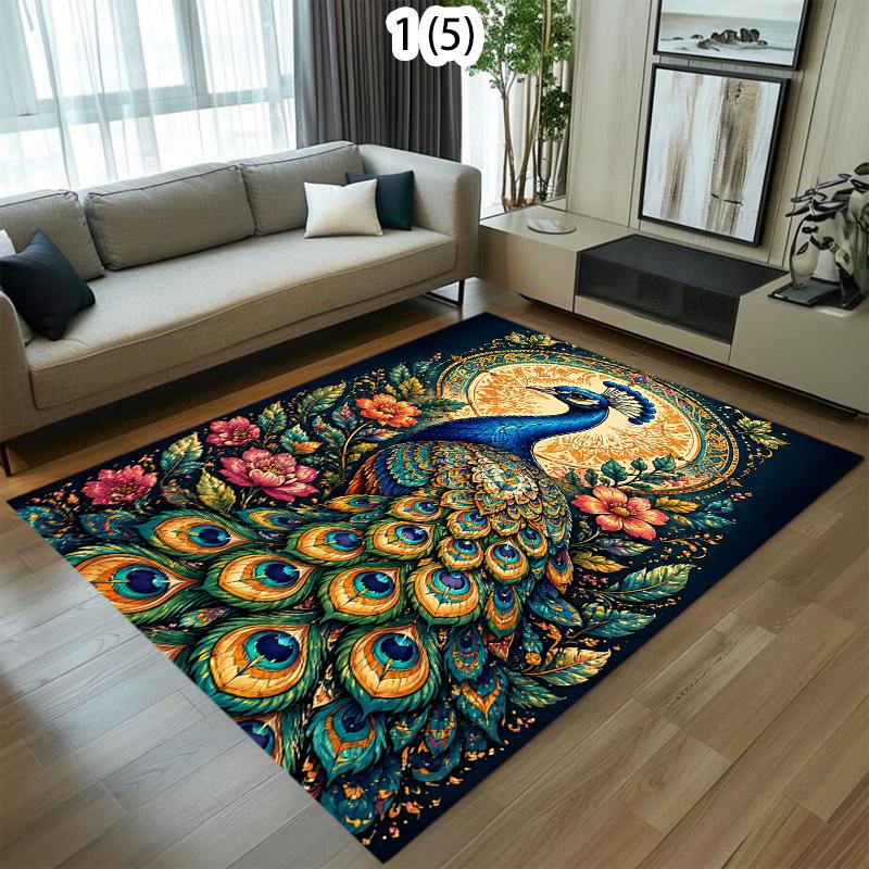Luxury Peacock Print Carpet Non-slip Washable Large Area Rug Bohemian Style Floor Mat for Home Decor with Exotic Floral Motif