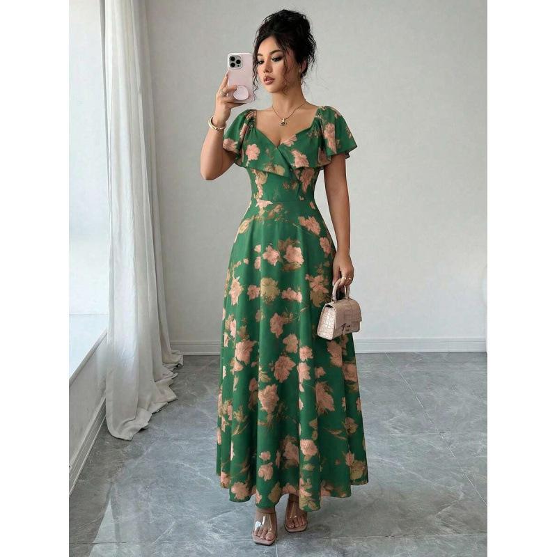 Europe, America 2026 Summer New Temperament Fashionable Ruffle Edge A Word Floral Elegant Dress Women