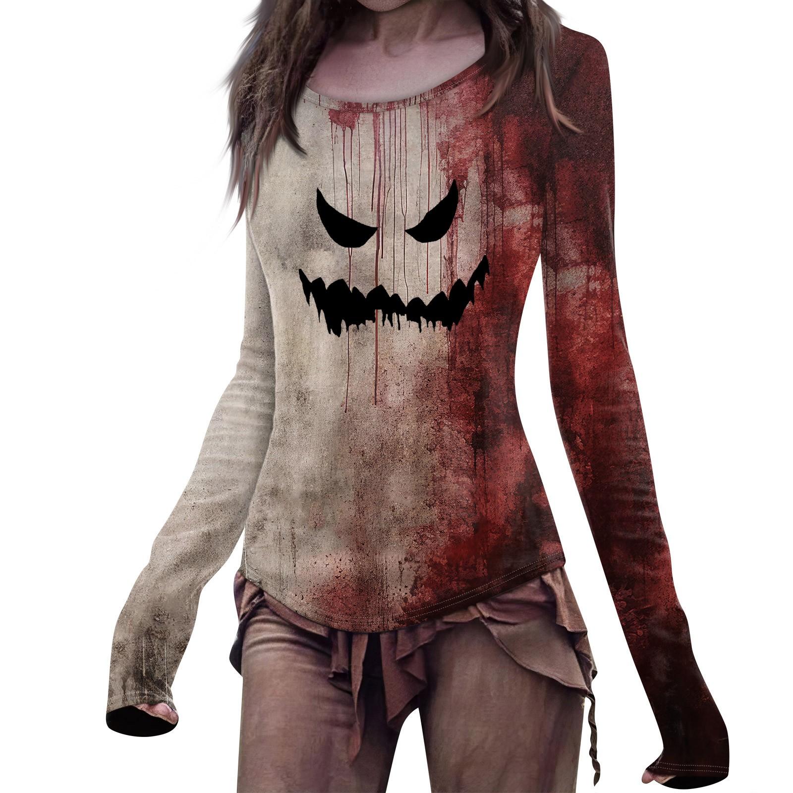 

Женская мода повседневный Mori Slim с длинным рукавом Хэллоуин принтованный круглый вырез обычный топ L киноварь