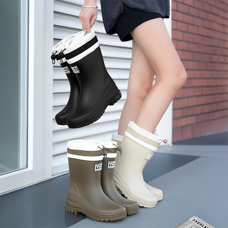 Women's Waterproof Velvet-Lined Mid-Calf Rain Boots: Drawstring, Wear-Resistant, Non-Slip Rubber for Cross-Border Fashion