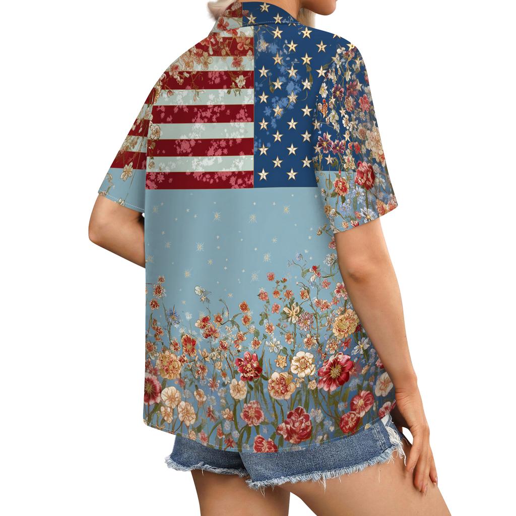 Women's Casual Short Sleeve Button Down Shirt with Collar Floral Print and Stars Stripes Pattern Lightweight Summer Top