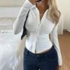 Blusa Top de Manga Larga con Cuello en V Ajustado Para Mujer Estilo Casual