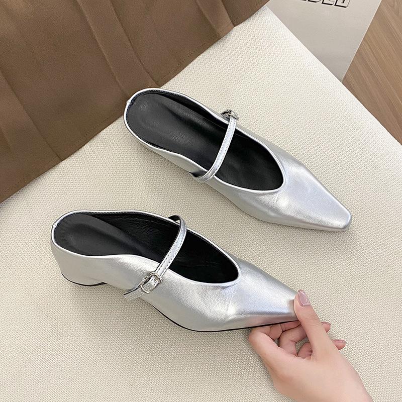 pointed head half drag 2025 single shoe bag head drag shallow mouth buckle one word, increase height within 5cm in spring and summer, new black
