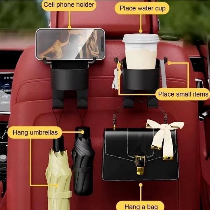 Multifunctional Car Seat Headrest Hooks Car Rear Seat Cup Holder with Cell Phone Holder and Storage Hooks for Bags Clothes
