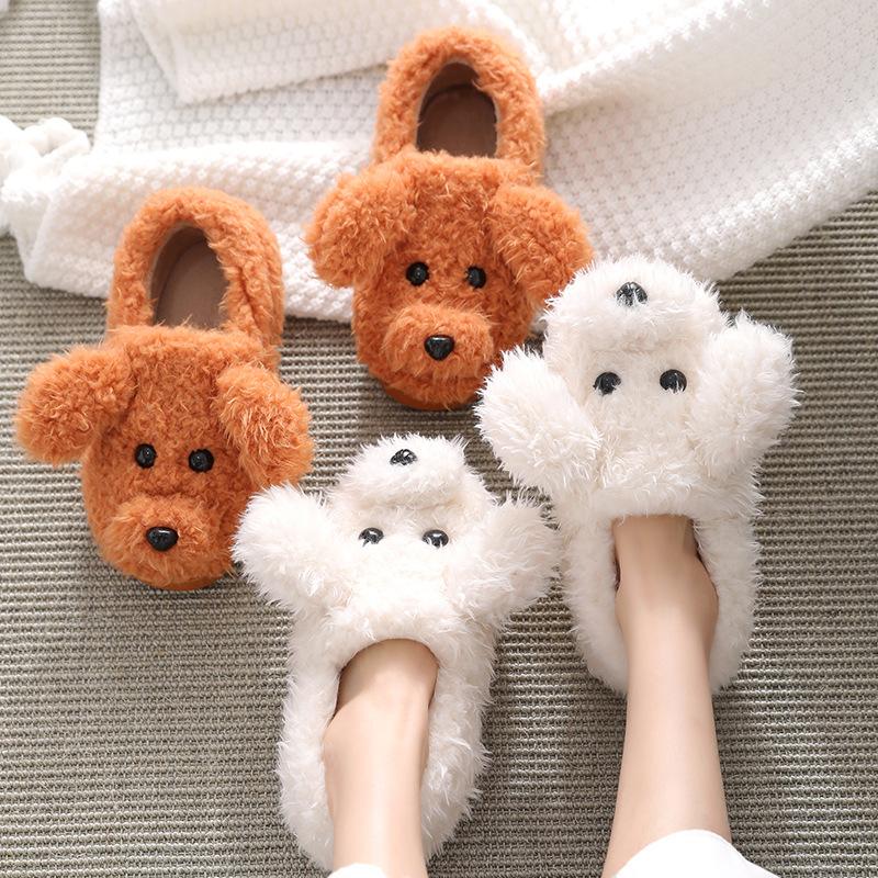 Fashion Winter House Warm Fur Slippers For Women Cute Dog Desginer Bedroom Flat Ladies Plush Shoes Indoor Cartoon Women Furry Slippers F
