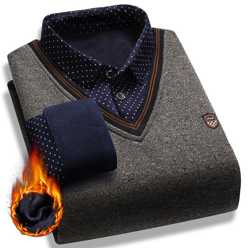 L-4XL Autumn and Winter New Fake Two Piece Sweater Men's Plush Knitted Warm Inner Wear Casual Versatile Pullover Top