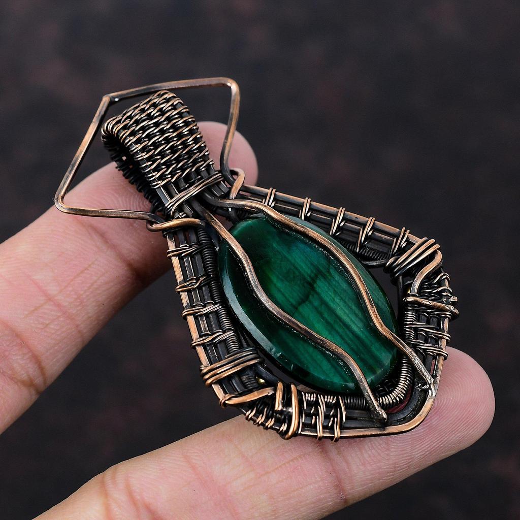 Green Fire Labradorite Gemstone Pendant Copper Wire Wrapped Pendant Handmade Copper Jewelry Latest Design Pendant Wire Wrap Jewelry For Gift