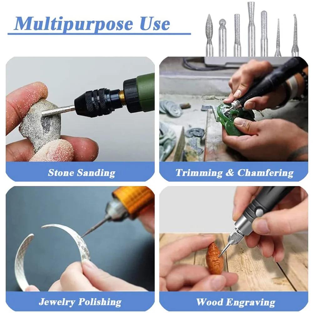 1 Set 6Pcs Diamond Grinding Burr Needle Point Engraving Carving Polishing for Glass Jade Stone Drill Bit Rotary Tool