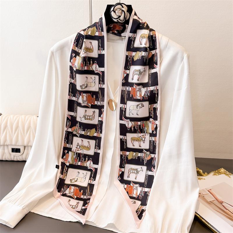 Women Silk Printed Design Scarf Shawl  Luxury Long Narrow Small Silk Scarves Ladies Headband Headscarve