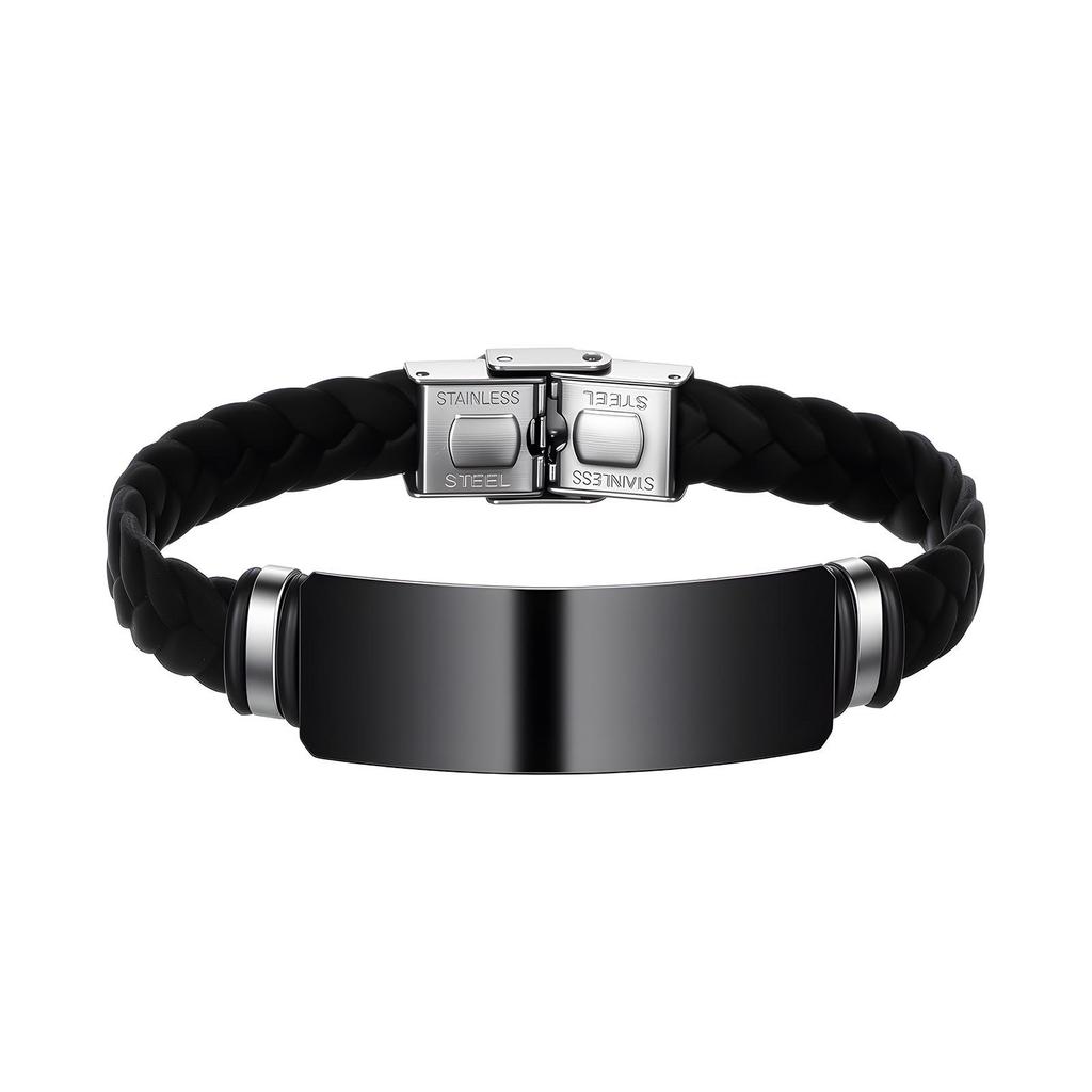 European & American Minimalist Braided Leather Bracelet with Engravable Stainless Steel Plate