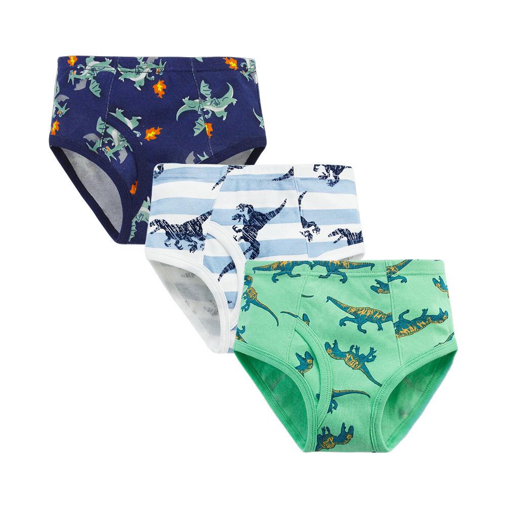Boys 100% Cotton Dinosaur Print Mid-Waist Underwear, 3-Pack Size 100cm