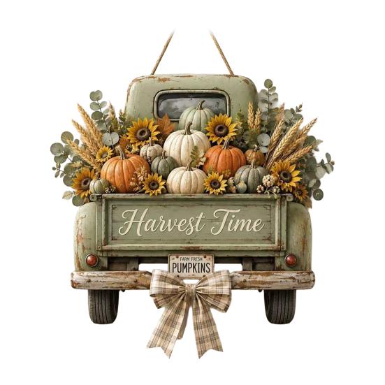 Rustic Pumpkin Truck Door Ornament Harvest Hanging Sign for Front Door, Wooden Fall with Distressed Wood Hemp Rope, Farmhouse Welcome Sign,