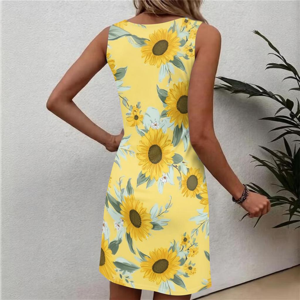 Robe d'été décontractée à fleurs pour femme, col rond, sans manches