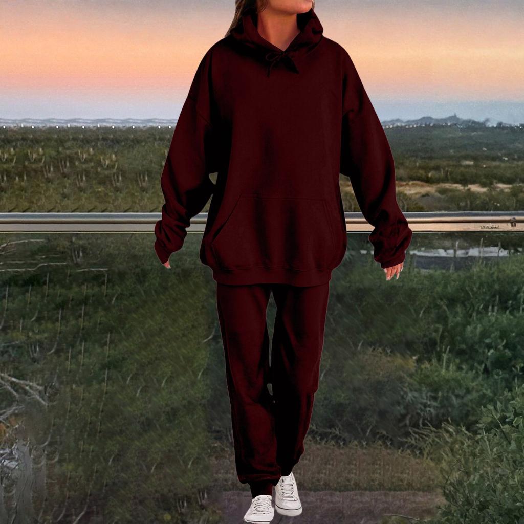 Women's Fashion Casual Solid Color Loose Hooded Sweatshirt Suit