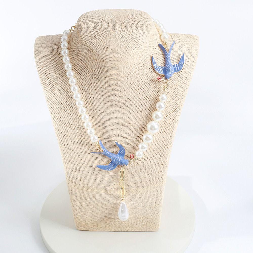 Beads Blue Enamel Swallow Necklace Bird Women's Jewelry Set Luxury Geometric Earrings Evening