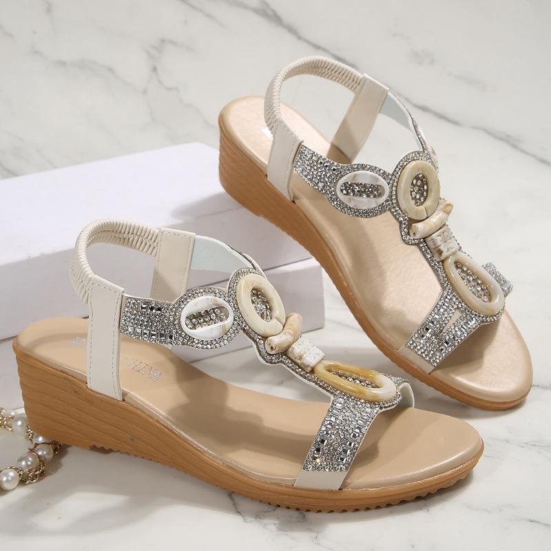 

Wedge heel foot sandals women s summer new rhinestone bohemian fish mouth open-toed elastic sandals 35 белый