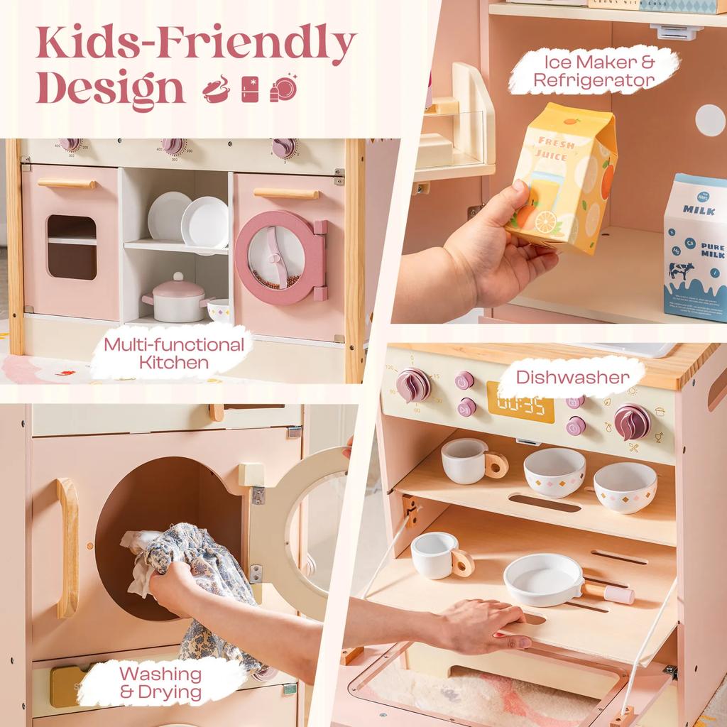 Robotime Robud Kids Corner Kitchen Playset Wooden Play Kitchen Set With Realistic Sound Pretend Play Gift For Boys Girls Pink