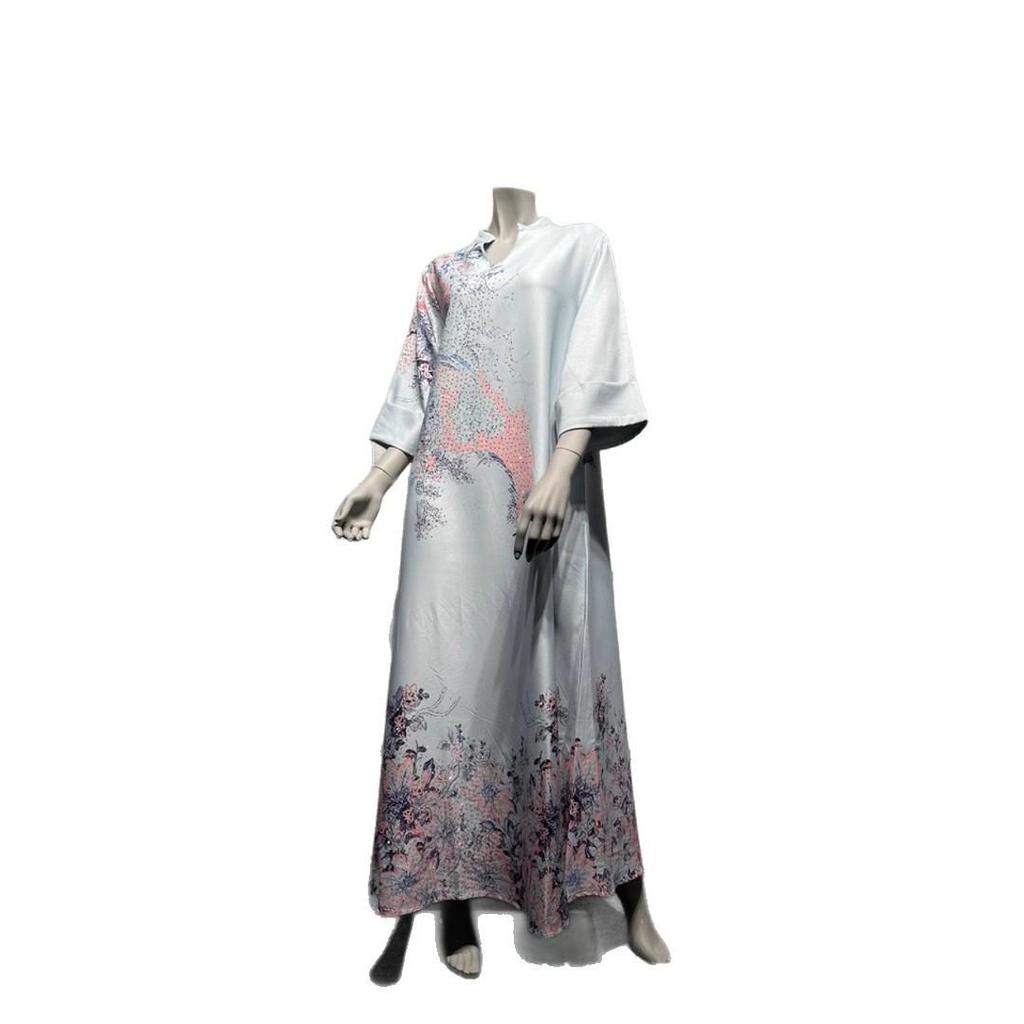 SM003 Muslimisches Jalabiya-Print-Langarmkleid mit Heißbohren - Damenbekleidung im Dubai-Stil