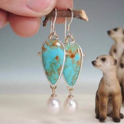 Vintage Water Drop Shaped Inlaid Synthetic Turquoise Imitation Pearl Dangle Earrings for Women's  Pendant Banquet Jewelry