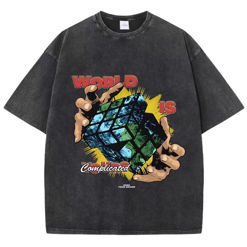 Casual Womans Acid Wash T-Shirts World Is Complicated Cube Prints Tops Crewneck Oversize Cotton Tee Shirts Trend Clothes