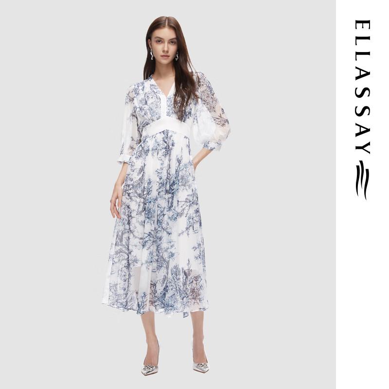 

ELLASSAY 2024 Autumn V-Neck Watercolor Ink Print Dress M