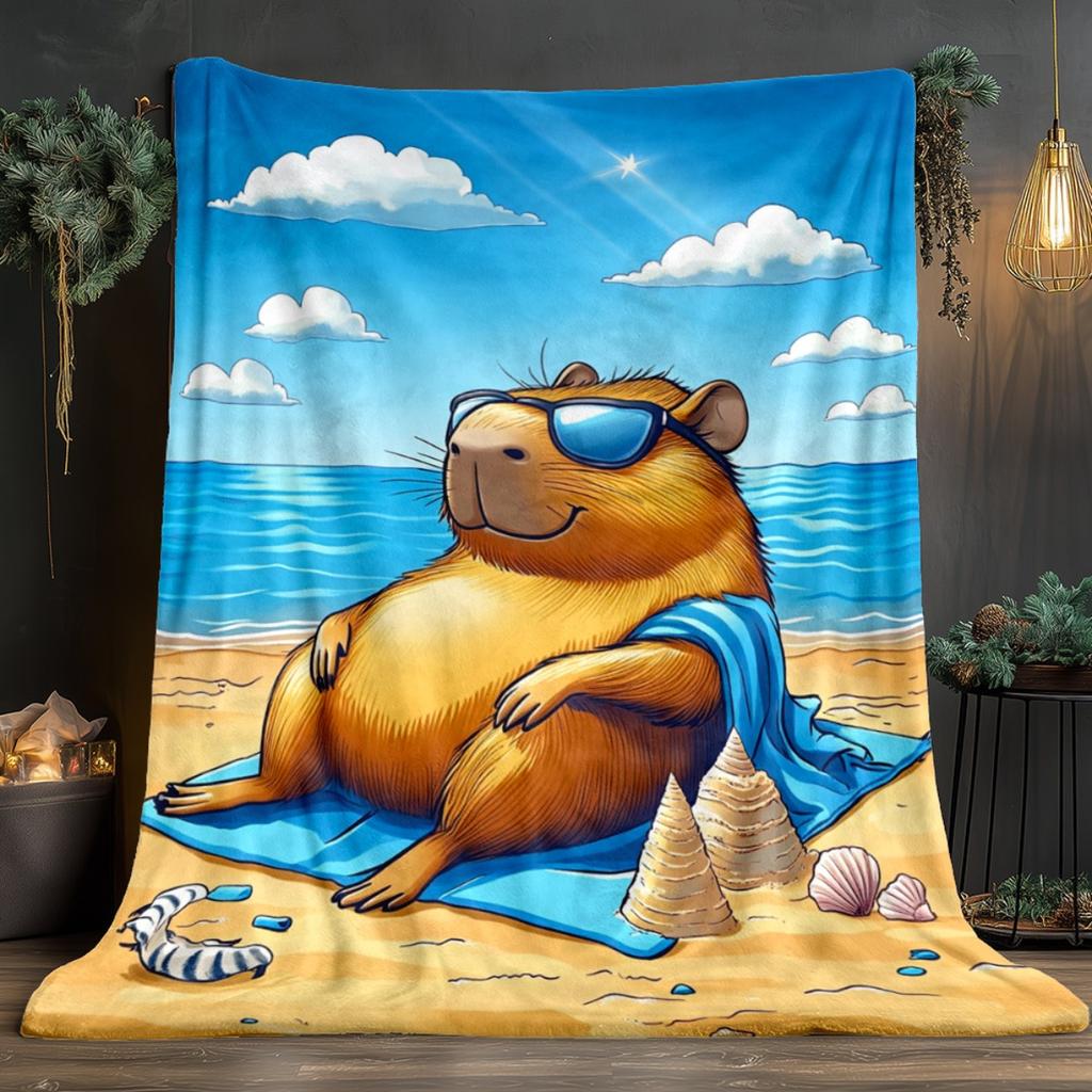 Funny Capybara Beach Vacation Flannel Blanket Summer Holiday Cartoon Animal Soft Cozy Throw Bedding Decor Travel Theme Blanket