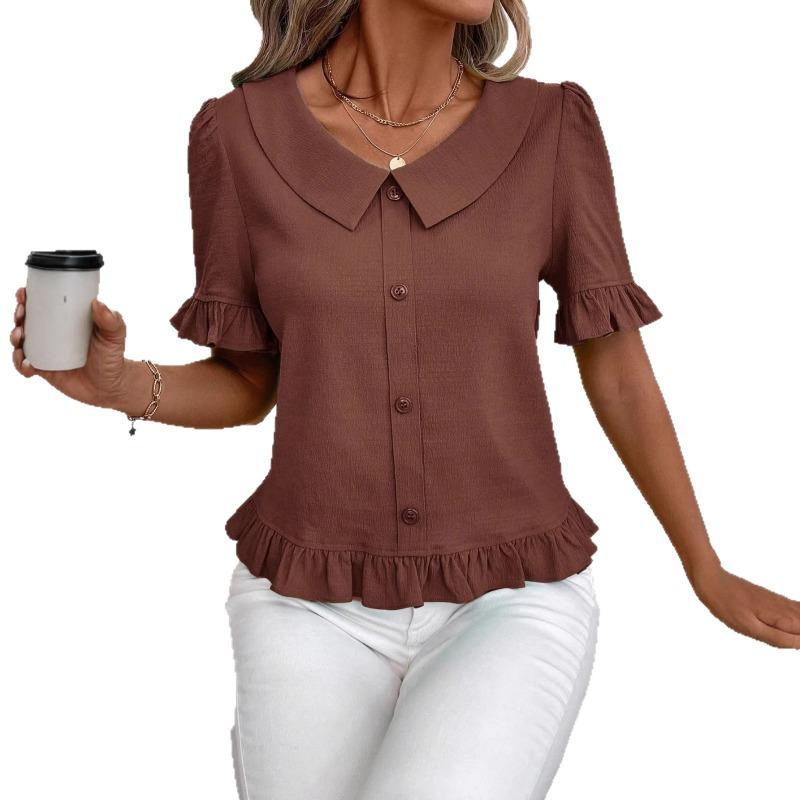 Women S Short Sleeve Blouse Doll Collar Pleated Solid Color Casual Top