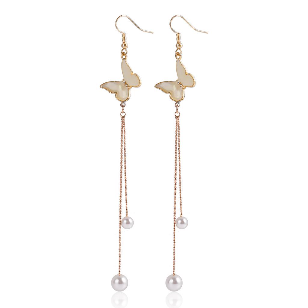 Retro Tassel Imitation Pearl Butterfly Ear Hanging Earrings, Simple Temperament Long Versatile Earrings