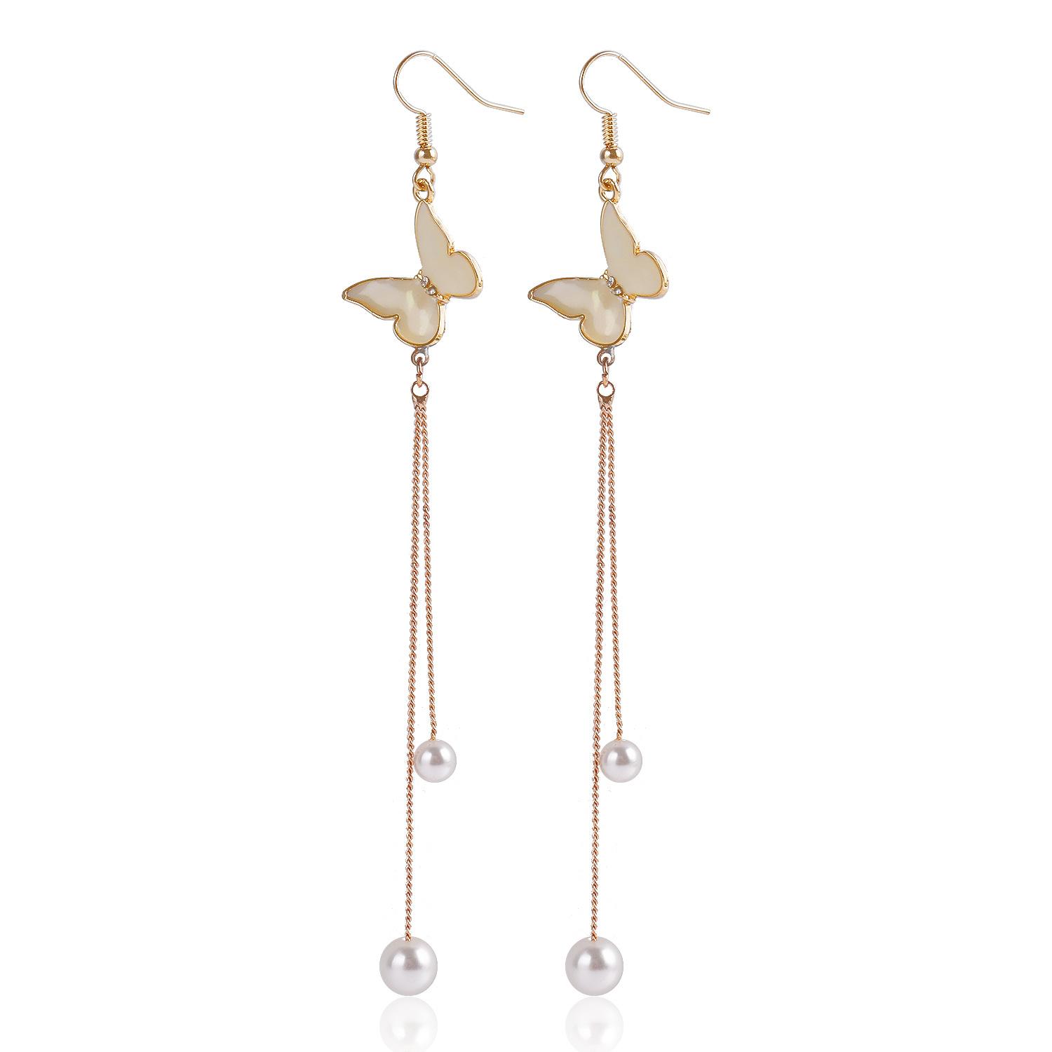 

Retro tassel imitation pearl butterfly ear hanging earrings, simple temperament long versatile earrings золотий