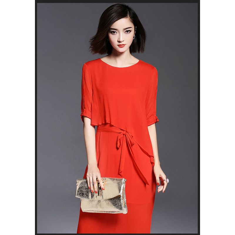 

European and American-Style Fashionable Slim-Fit Mulberry Silk Dress Summer Clothes Red S