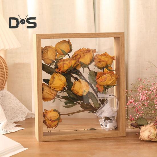 Wooden Photo Frame Clear Double-sided Display Stand Rustic Desktop Floating Picture Frame for Dried Flower Display DIY Crafts