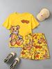 Neues Herren Sommer Teddybär Graffiti Print Weiches Atmungsaktives Rundhals T-Shirt mit Kordelzug Shorts Set Freizeitkleidung für Draußen