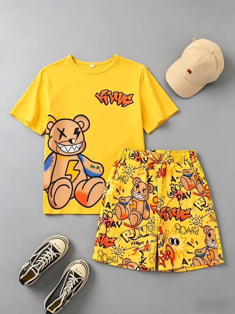 Neues Herren Sommer Teddybär Graffiti Print Weiches Atmungsaktives Rundhals T-Shirt mit Kordelzug Shorts Set Freizeitkleidung für Draußen