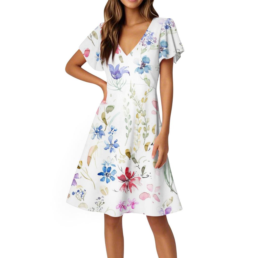 Damenkleid mit ausgestellten Ärmeln, kurzen Ärmeln, lässig, Blumenmuster, V-Ausschnitt