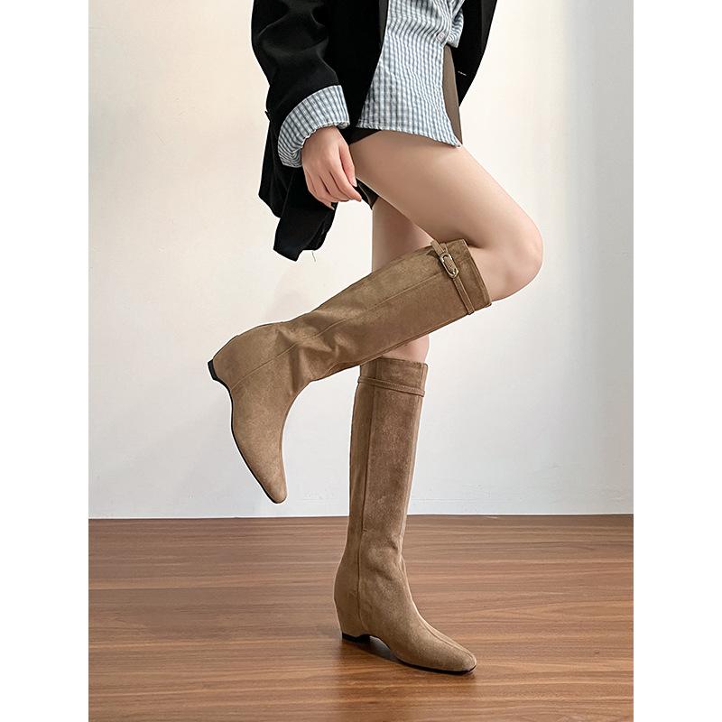 8CM~ Small inner height increase boots, black buckle high boots, women's autumn and winter thin boots, thin knight boots