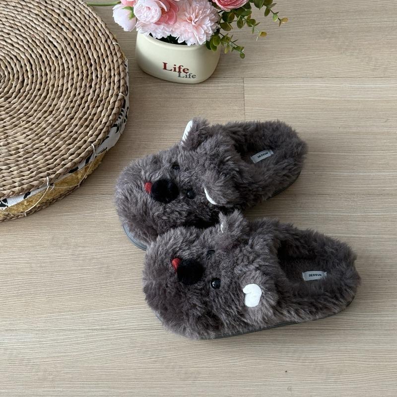 Fashion Winter Womens Cotton Slippers Cartoon Dog Couple Non-Slip Warm Indoor Home Slippers Plush Fluffy Comfortable Floor Slippers