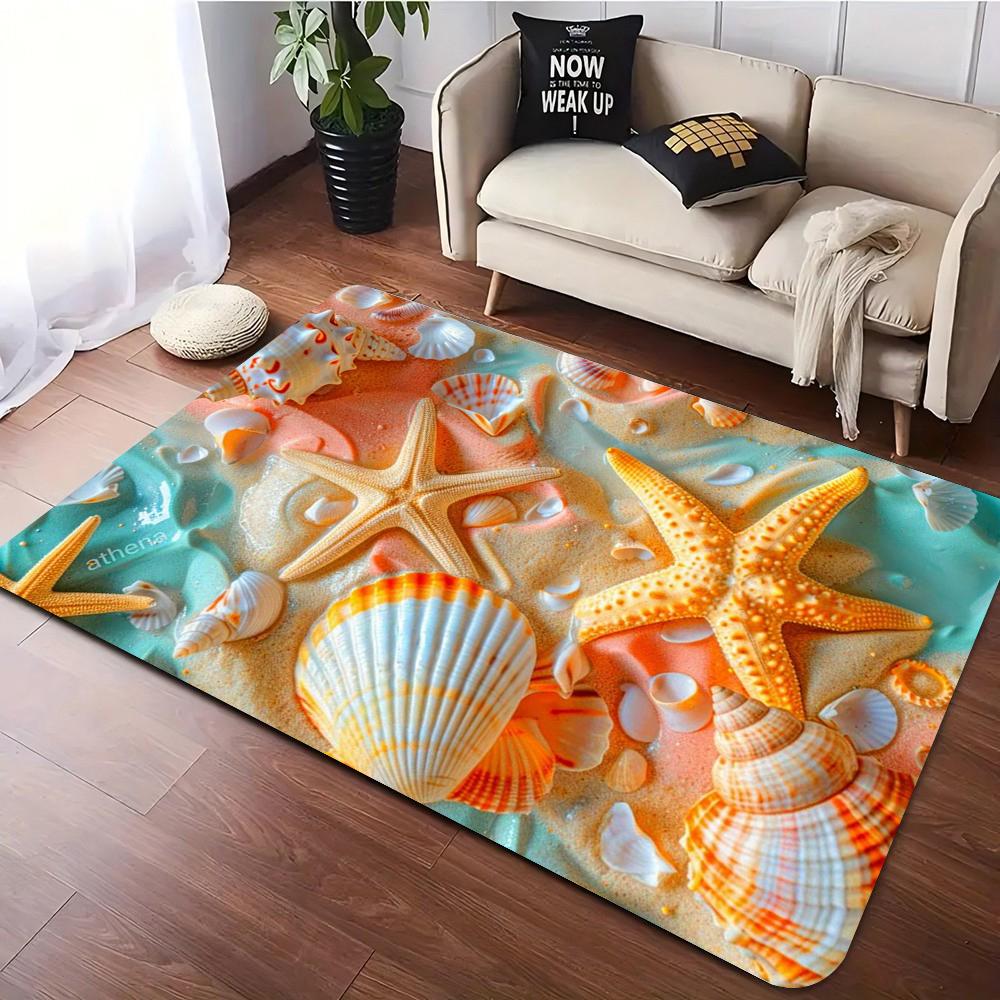 Realistic Seashell & Starfish Printed Carpet Non Slip For Kitchen Living Room Bedroom Cloakroom Lounge Coastal Home Decor