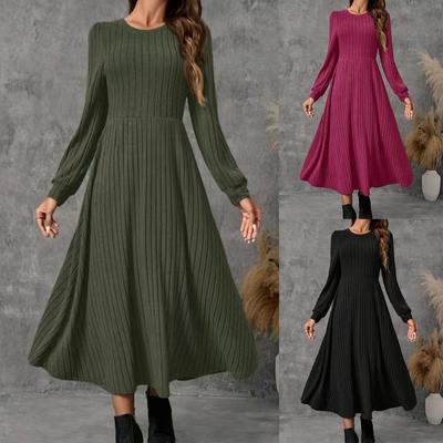 Vestido Longo de Malha Feminino Linha A Outono/Inverno 2025 - Cor Sólida Gola Redonda