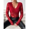 Women's Elegant V-neck Scalloped Neck Edge Solid Color Long Sleeve Slim Slim Pullover Lace Top