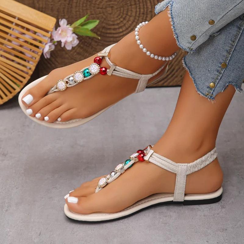 Fashion Retro Bohemian Black Girls Big Pearl Low Sandals 2025 Summer Comfort Shoes for Women Beach Sandals Suit Female Beige Large Size