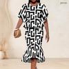 Women Plus Size Printed Round Neck Batwing Sleeve Ruffle Hem Top Fishtail Skirt Two Piece Set